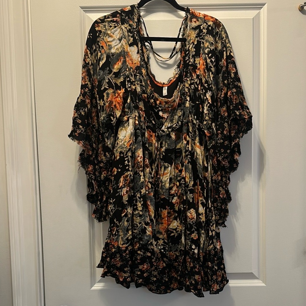 Free People Floral Black and Orange Women's Tunic Blouse Dress